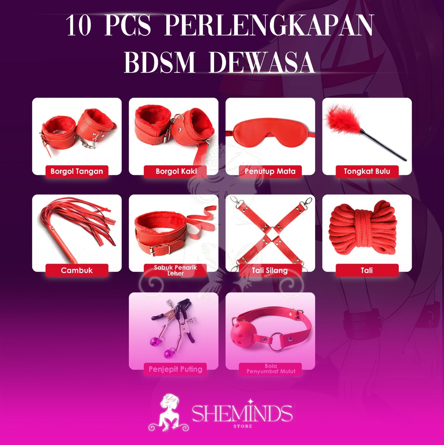 SHEMINDS BDSM Kit 10 in 1 – Perlengkapan Dewasa Elegan | Tali Borgol Cambuk Masker DLL