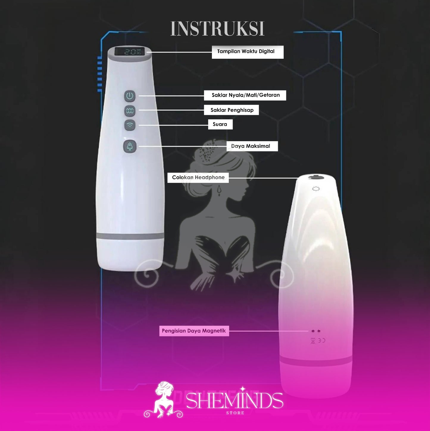 SHEMINDS Masturbator Otomatis 3-in-1 – 10 Mode Getar, 7 Mode Hisap & Suara Wanita Menggoda