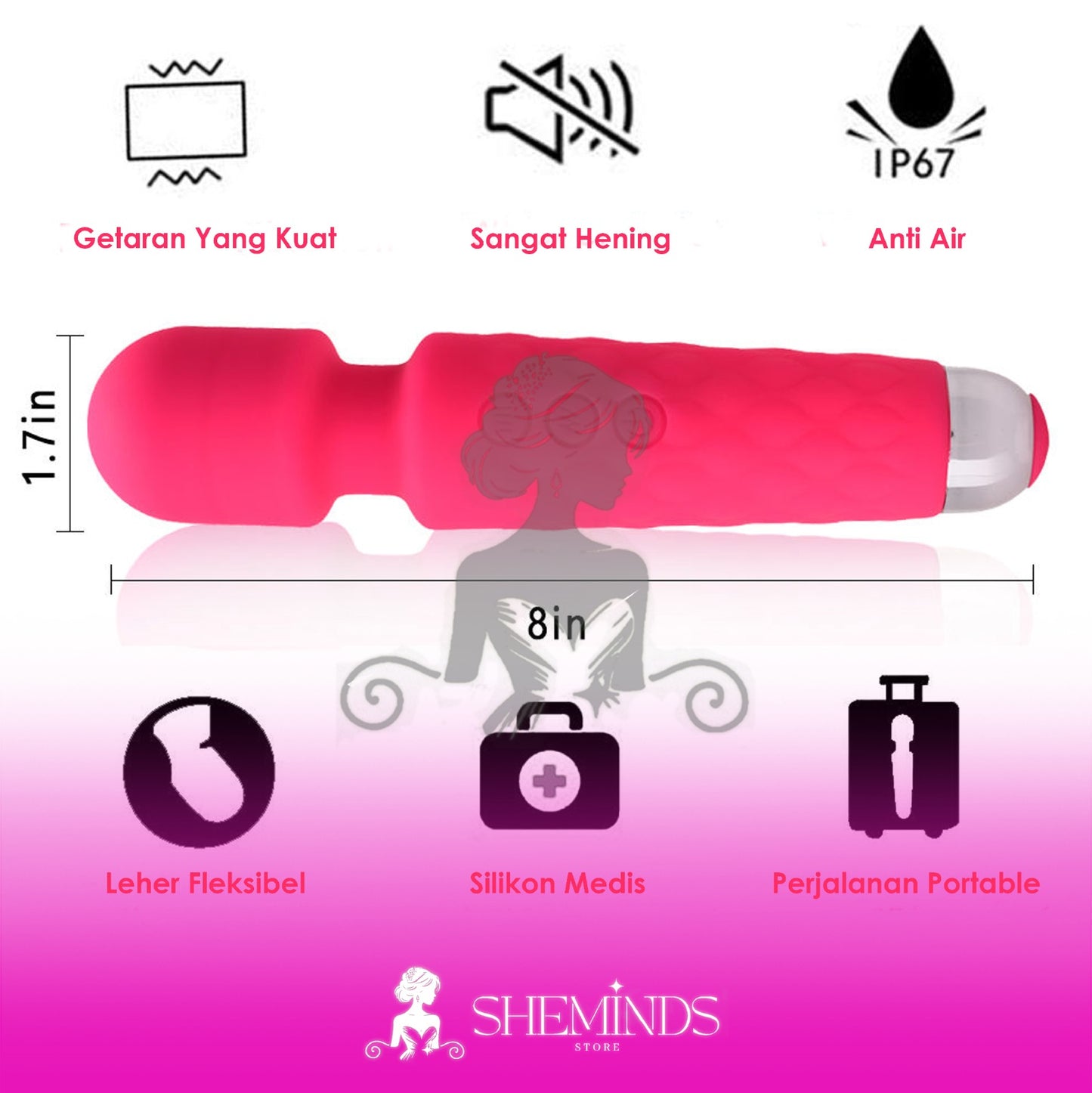 SHEMINDS Wand Vibrator Pink – 20 Pola Getar & 8 Kecepatan Sensasi Maksimal