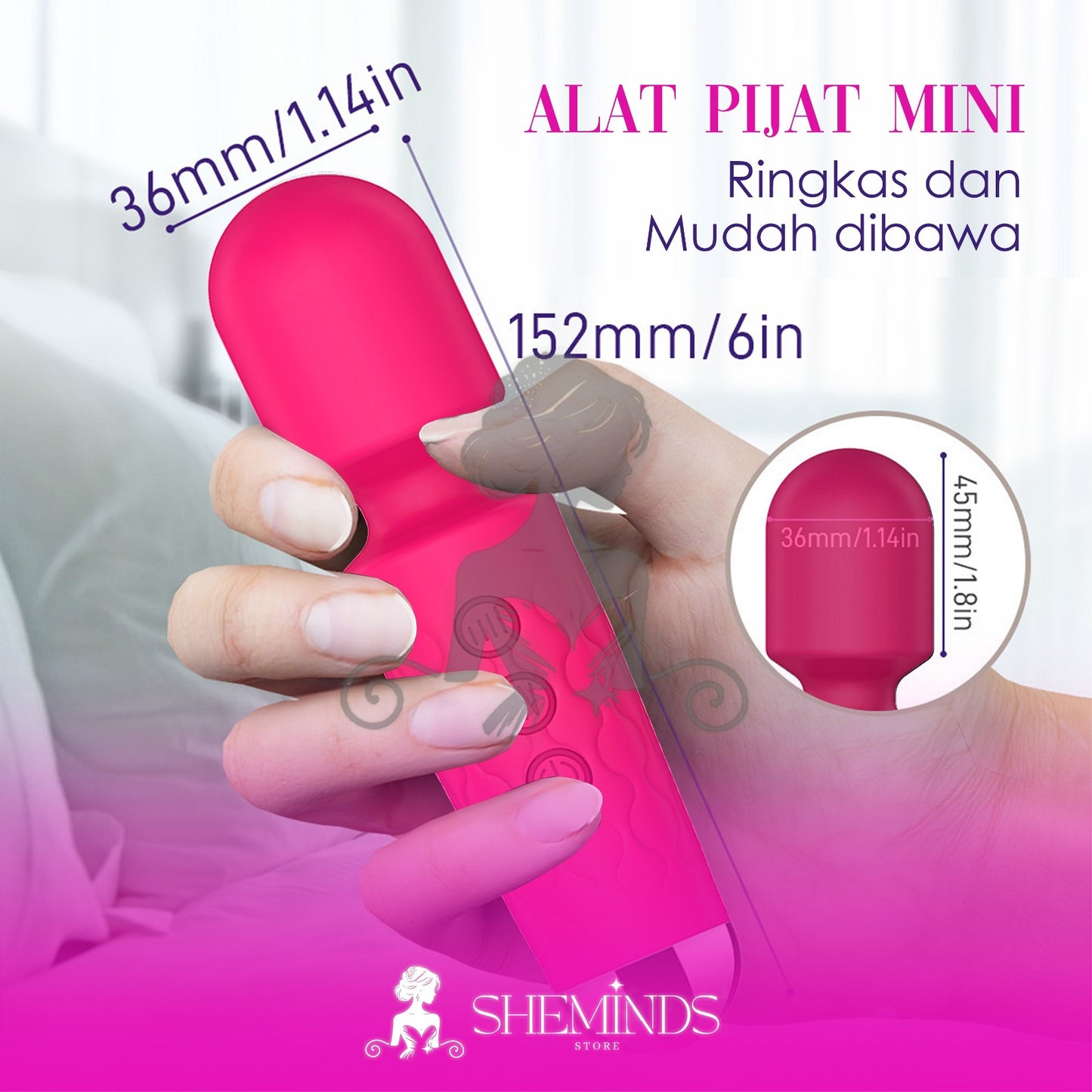 SHEMINDS Mini Wand Massager | 8 Speed 20 Pola Getaran | Alat Relaksasi Wanita Portable