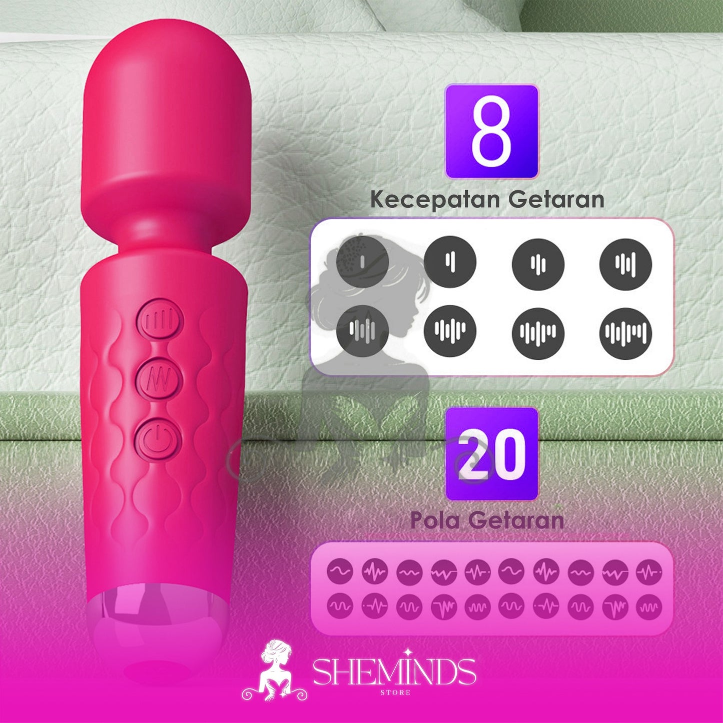 SHEMINDS Mini Wand Massager | 8 Speed 20 Pola Getaran | Alat Relaksasi Wanita Portable