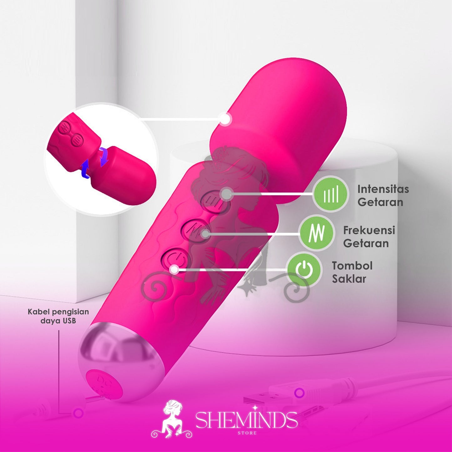 SHEMINDS Mini Wand Massager | 8 Speed 20 Pola Getaran | Alat Relaksasi Wanita Portable